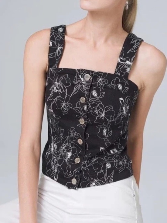 White House Black Market Tops - White House Black Market Denim Corset Top Black White Floral 2